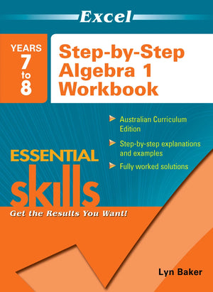 Front cover of the Excel Essential Skills Step-by-Step Algebra 1 Workbook Years 7-8 from Pascal Press, shown as the main product image