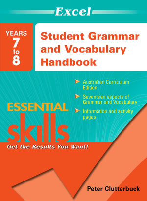 Main publisher image showing the front cover of the Excel Essential Skills Student Grammar and Vocabulary Handbook Years 7-8