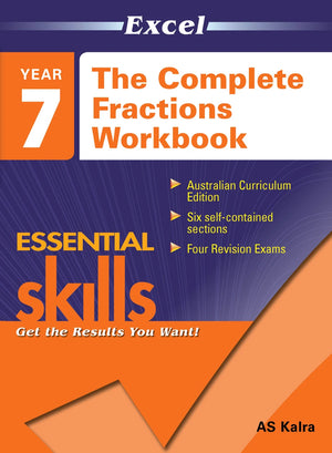Front cover of the Excel Essential Skills The Complete Fractions Workbook Year 7 from Pascal Press, shown as the main product image