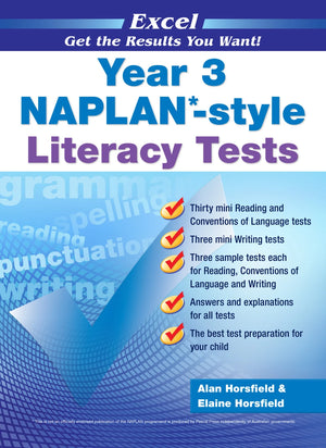 Front cover of the Excel Year 3 NAPLAN-style Literacy Tests workbook from Pascal Press