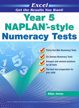 Front cover of the Excel Year 5 NAPLAN-style Numeracy Tests workbook from Pascal Press