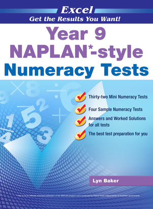 Front cover of the Excel NAPLAN-style Numeracy Tests Year 9 workbook from Pascal Press, shown as the main product image