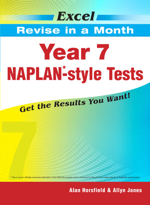 Front cover of the Excel Revise in a Month Year 7 NAPLAN-style Tests book from Pascal Press, shown as the main product image