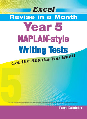 Front cover of the Excel Revise in a Month Year 5 NAPLAN-style Writing Tests book, the main product image from the publisher gallery