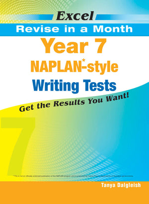 Front cover of the Excel Revise in a Month Year 7 NAPLAN-style Writing Tests workbook from Pascal Press, shown as the main product image