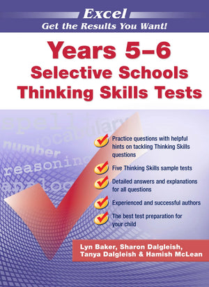 Front cover of the Excel Selective Schools Thinking Skills Tests Years 5-6 workbook from Pascal Press, shown as the main product image