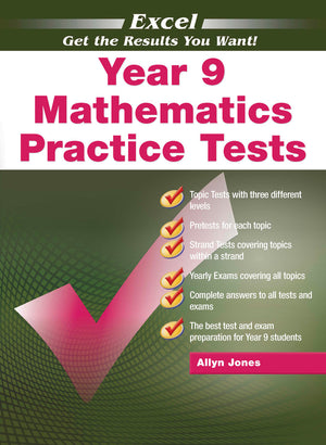 Front cover of Excel Year 9 Mathematics Practice Tests from Pascal Press, shown as the main product image for this secondary school maths test book