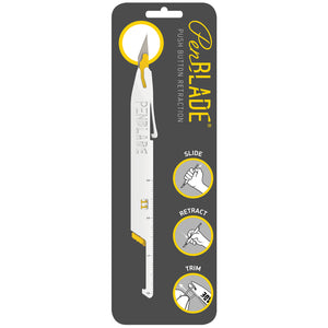 PenBlade #11 craft scalpel on a dark blister card with yellow accents, push button retraction text and slide, retract and trim icons