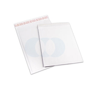 Two plain white Polycell Corrugated Mailers with a fine ribbed surface and a red printed peel strip along each flap