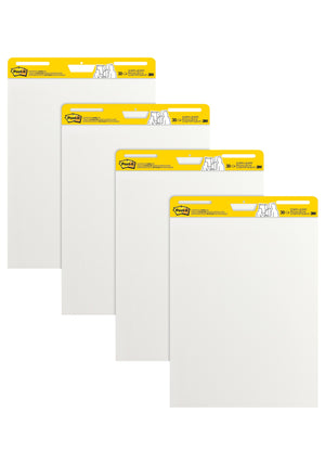 Four Post-it white easel pads stacked in a staggered column, each with a yellow header card, from the 559 four pad pack