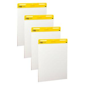 Four Post-it white easel pads staggered diagonally, each with a yellow header card, shown on a plain white background