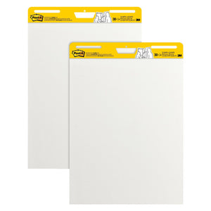 Two Post-it 559 easel pads with plain white sheets and yellow header cards, one standing in front of the other