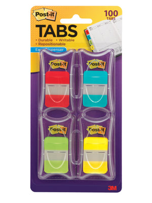 Post-it 686-RALY Tabs card printed 100 tabs, four purple Easy Dispensers holding red, aqua, lime and yellow tabs