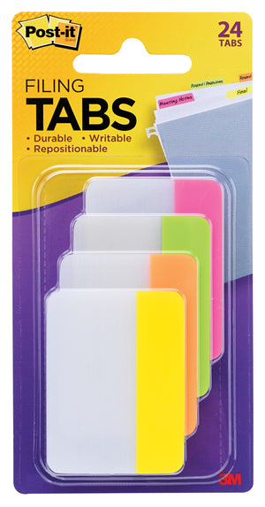 Post-it 686-PLOY Filing Tabs card with 24 tabs in pink, lime, orange and yellow, each with a white label area, behind a clear blister