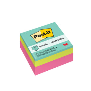 3M photo of the Post-it 2027-RCR notes cube with aqua, lime and pink layers and a label printed 400 sheets, 3 x 3 in, 76 x 76mm