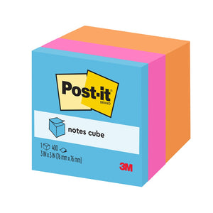 3M photo of the Post-it 2053-ELT-O notes cube with a blue face, pink and orange layers and a label printed 400 sheets, 76 x 76mm