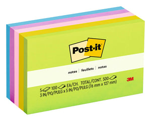 3M pack photo of Post-it 655-5UC Jaipur notes, five pads in green, yellow, orange, pink and blue, printed 5 x 100 each, total 500, 3 in x 5 in (76 mm x 127 mm)