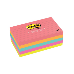 Post-it 635-5AN pack of five lined 76 x 127mm pads in coral, orange, aqua, pink and yellow, ruled top sheet printed Post-it Notes, A World of Color, Cape Town Collection