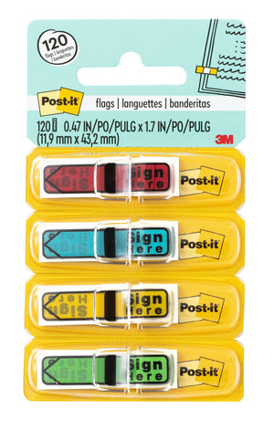 Current Post-it 684-SH card of 120 narrow Sign Here arrow flags in four dispensers, red, blue, yellow and green, marked 11.9 x 43.2 mm
