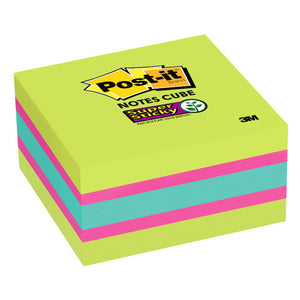 Post-it 2027-SSGFA notes cube printed Post-it Notes Cube, Super Sticky, with lime top and pink, aqua and lime layers down the side