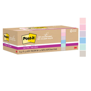 3M image of the long kraft Post-it Super Sticky carton printed 12 pads of 70 sheets, with a strip of six pastel colour swatches beside it
