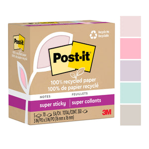 3M image of the square kraft Post-it Super Sticky carton printed 5 pads of 70 sheets at 76 x 76mm, with five pastel swatches beside it