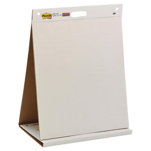 Post-it 563R tabletop easel pad standing as a tent on its folded cover, Self-stick Table Top Pad Super Sticky header and white sheet
