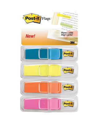 Post-it 683-4ABX full colour flags card with four slim dispensers in blue, yellow, orange and pink, as shown by 3M Australia
