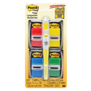 Post-it 680-RYBGVA value pack card with red, yellow, blue and green flag dispensers and a yellow Flag+ Highlighter, total 250 printed