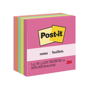 Post-it Notes Poptimistic pack of 5 square 76 x 76mm pads at an angle on a white background, with a hot pink front pad and coral, orange, aqua and lime pads behind, in English and French packaging.