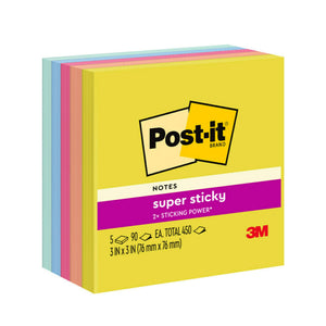 Post-it Super Sticky Notes Summer Joy pack of 5 square 76 x 76mm pads at an angle on a white background, with a yellow front pad and peach, pink, blue and mint pads behind.