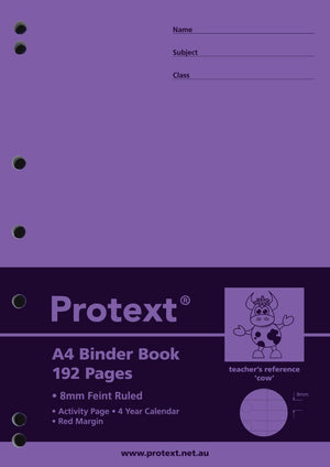 Purple Protext A4 binder book cover reading 192 Pages and 8mm Feint Ruled, with the cow teacher's reference drawing and punched holes down the left edge