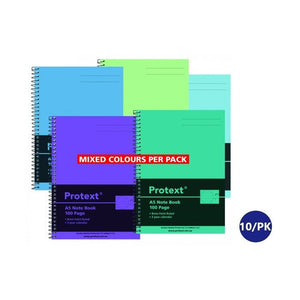 Five Protext A5 side spiral notebooks in blue, lime, aqua, purple and green with a Mixed Colours Per Pack label and a 10 per pack badge
