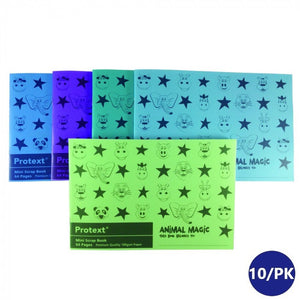 Protext Animal Magic Mini scrap books fanned out in blue, purple, aqua and green landscape covers with a 10 per pack badge