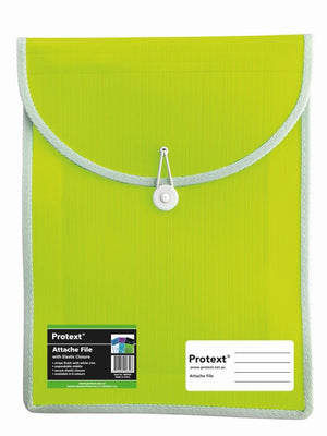 Protext lime green attache file with a stripe finish, curved flap with white trim, white elastic around a button and a ruled name panel