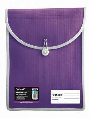 Purple Protext attache file with a striped body, white trim along every edge, elastic loop over a button on the curved flap, product label and ruled white panel