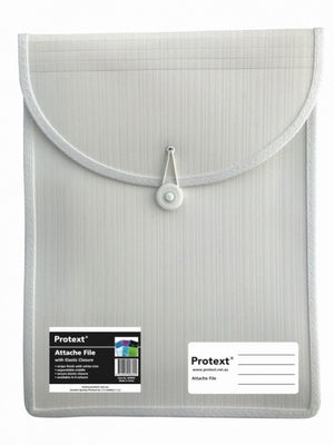 White Protext attache file with a fine striped body, curved flap bound in white trim, elastic loop over a button, product label and ruled Attache File panel