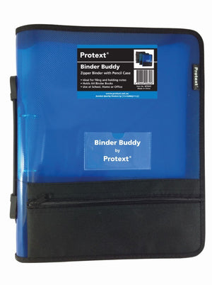 Royal blue Protext Binder Buddy 2 ring zipper binder with the product label, a Binder Buddy card in the clear pocket and a black zipped lower section