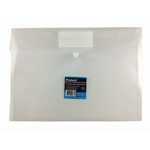 Clear Protext PP button document wallet lying flat, white ruled Protext panel on the flap above a single press stud and a blue and black product label on the front