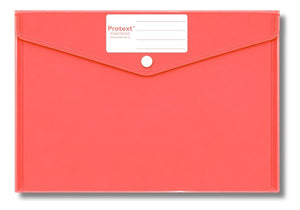 Red translucent Protext document wallet laid flat with its V flap closed by a white press button and a white Protext label panel with ruled lines