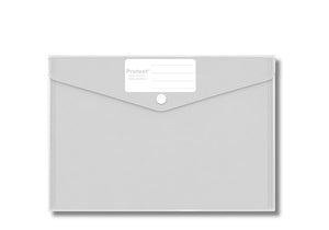 Clear frosted Protext A5 document wallet shown flat with its V flap fastened by a white press button and a white lined Protext name panel