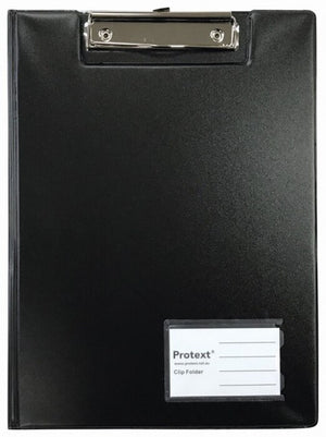 Closed black Protext A4 clip folder with a silver riveted clip at the top and a clear name card pocket in the lower right corner holding a Protext Clip Folder card