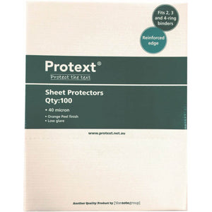 Protext economy sheet protector box with a dark green band reading Sheet Protectors Qty:100, 40 micron, Orange Peel finish, Low glare, with Fits 2, 3 and 4-ring binders and Reinforced edge badges