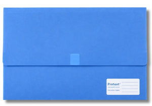 Mid blue Protext foolscap document wallet with its long flap closed, a lighter blue closure tab at the centre and a white label panel with blue writing lines