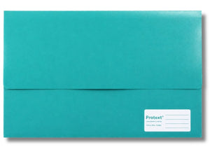 Teal green Protext foolscap document wallet shown closed, the long flap folded over the top and a white label panel with teal writing lines at the lower right