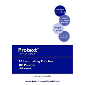 Front of the Protext box of 100 A3 laminating pouches marked 80 micron, with a blue band and circles listing awards, letters, signs, menus and photos