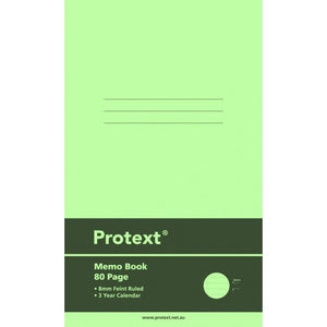 Green Protext memo book cover with three blank write-on lines, a dark band printed Memo Book 80 Page, 8mm Feint Ruled and 3 Year Calendar