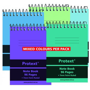 Protext top spiral pocket notebooks in blue, lime, purple and green grouped under a Mixed Colours Per Pack label