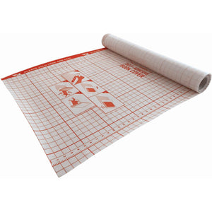 Protext Premium clear self adhesive book cover roll opened on its backing paper, printed with a red grid, numbered scale and covering instruction pictures