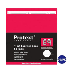 Protext Premium 2/3 A4 exercise book E9 with a red cover printed 64 Page and 8mm Feint Ruled, an E9 teacher's reference badge and a store 20/PK badge